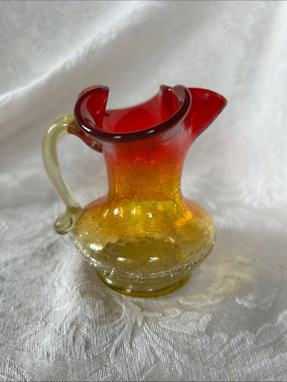 Vintage 4in Handblown Red to Yellow Glass Pitcher Vase -